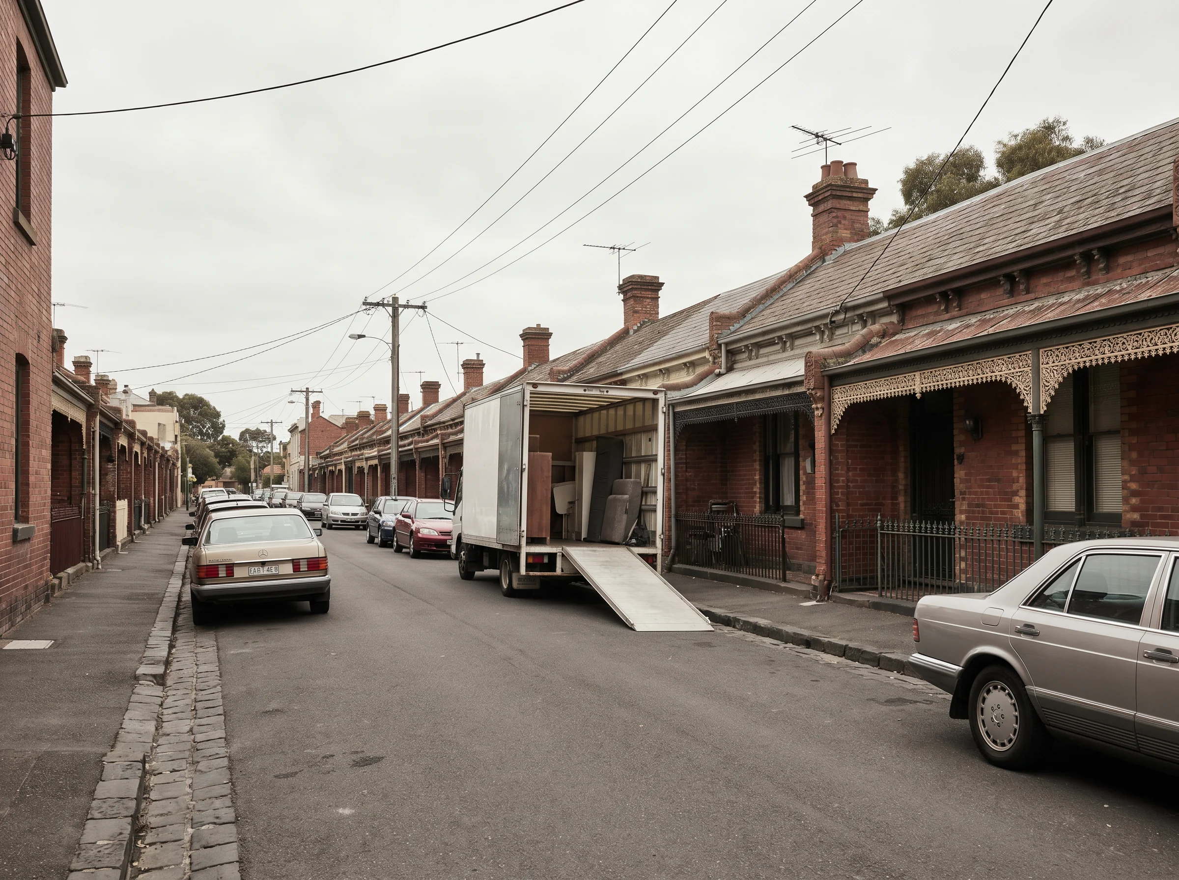 A single-fronted Victorian cottage street in Melbourne's inner-west with a removal truck loading at the kerb